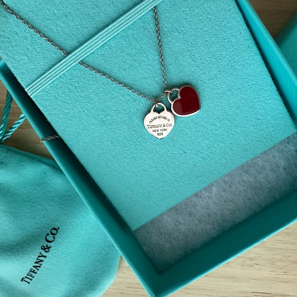 Tiffany Sterling Silver Enamel Double Heart Tag Pendant Necklace Red